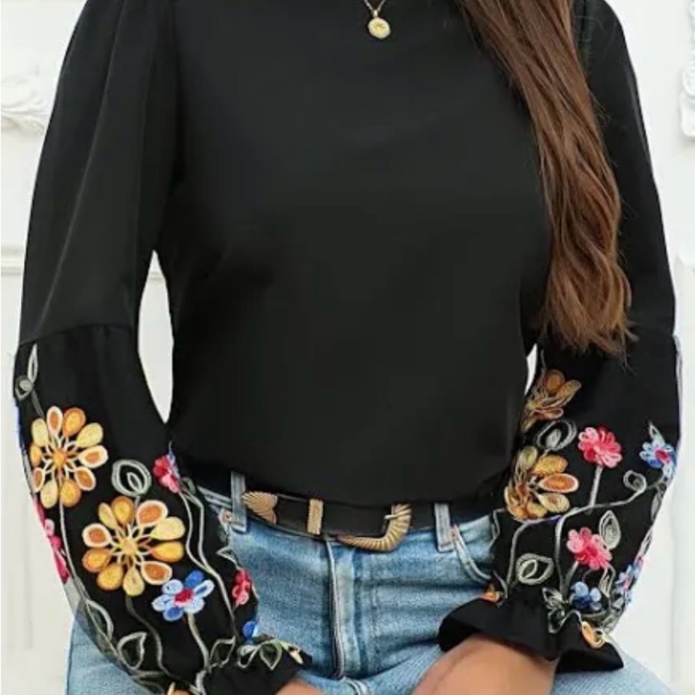 SHEIN Black Sheer Flowy Blouse with Colorful Lantern Embroidered Floral Sleeves - Picture 17 of 17